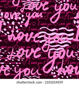 Seamless pattern, text I love you, hand written words, pink hearts. Sketch, doodle, lettering, happy valentines day. Vector illustration black background