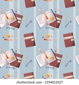 Seamless pattern with textbooks and school supplies on a striped background. The texture is great for paper, wallpaper, textiles. school theme, back to school, study