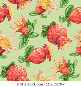 Seamless pattern for textile with blooming pomegranate fruits in vector graphic illustration