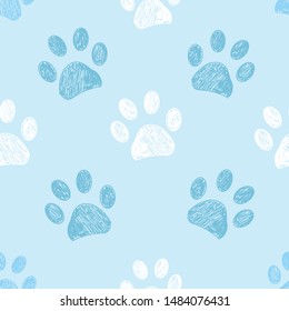 Seamless pattern for textile design. Blue and white colored paw print pattern background