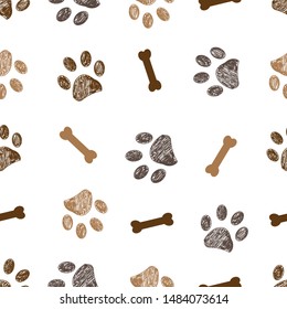 Seamless pattern for textile design. Brown doodle paw print and bones pattern background