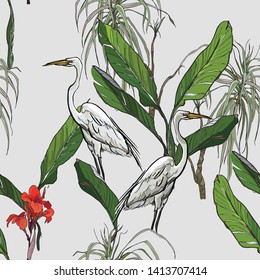Seamless Pattern Textile Design Tropical Leaves Green with Exotic Birds White Cranes Hibiskus Flowers on Blue Background Realistic Drawing Botanical 