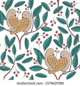 seamless pattern. textile design. wallpaper. vector illustration. Lovely birds in love in a beautiful garden. Valentine's Day.