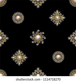 Seamless pattern from textile embroidered patches with sequins, beads and pearls. Vector illustration. svg