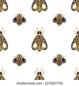 Seamless pattern from textile embroidered patches with sequins, beads and pearls. 