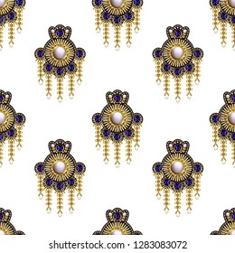 Seamless pattern from textile embroidered patches with sequins, beads and pearls. 