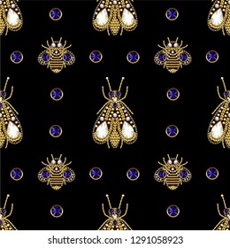 Seamless pattern from textile embroidered patches with sequins, beads and pearls. 