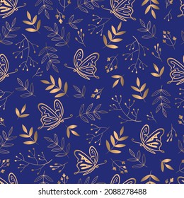Patrón sin fisuras para textiles, fabricación de tejidos, papel pintado, cubiertas, superficie, impresión, envoltura de regalo, scrapbooking. Hojas, flores y mariposas compuestas de hojas de arte de línea dorada sobre fondo azul.