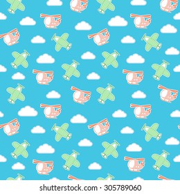 Seamless pattern with textile planes, helicopters and clouds. Vector illustration