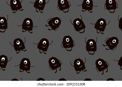 Seamless pattern or textile, pyjamas, children's clothing. Funny black little monster on a grey background. Have fun