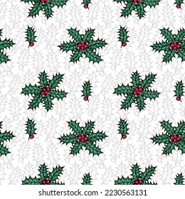Seamless pattern for textile or scrabooking.Christmas holly berry greenery 