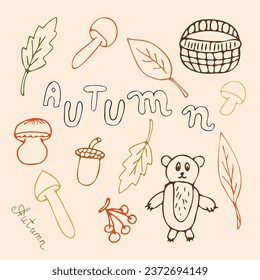 seamless pattern. textile. pattern. style. autumn. leaf fall. bear. basket with mushrooms. mushrooms. doodle drawing. postcard. background picture. actual colors.