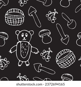 seamless pattern. textile. pattern. style. autumn. leaf fall. bear. basket with mushrooms. mushrooms. doodle drawing. postcard. background picture. actual colors.