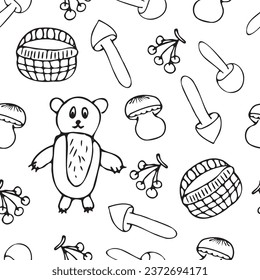 seamless pattern. textile. pattern. style. autumn. leaf fall. bear. basket with mushrooms. mushrooms. doodle drawing. postcard. background picture. actual colors.