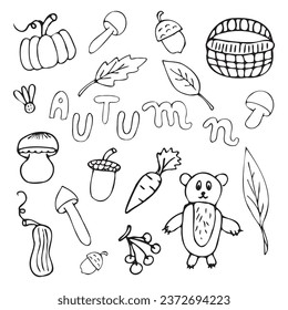 seamless pattern. textile. pattern. style. autumn. leaf fall. bear. basket with mushrooms. mushrooms. doodle drawing. postcard. background picture. actual colors.