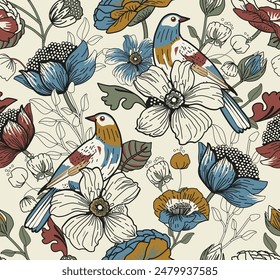 Seamless pattern for textile or wallpaper with flowers, leaves and birds. Full color print.The images are created without the use of any artificial intelligence software at any stage