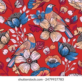 Seamless pattern for textile or wallpaper with flowers, leaves and birds. Full color print.The images are created without the use of any artificial intelligence software at any stage