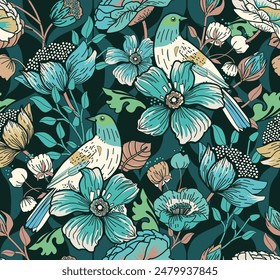 Seamless pattern for textile or wallpaper with flowers, leaves and birds. Full color print.The images are created without the use of any artificial intelligence software at any stage
