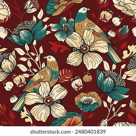 Seamless pattern for textile or wallpaper with flowers, leaves and birds. Full color print.The images are created without the use of any artificial intelligence software at any stage