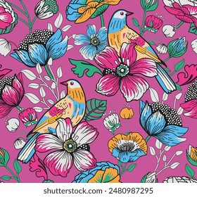 Seamless pattern for textile or wallpaper with flowers, leaves and birds. Full color print.The images are created without the use of any artificial intelligence software at any stage