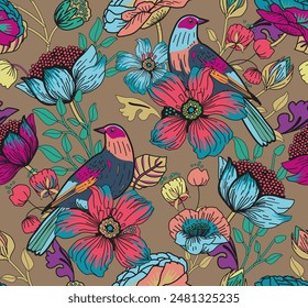 Seamless pattern for textile or wallpaper with flowers, leaves and birds. Full color print.The images are created without the use of any artificial intelligence software at any stage