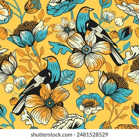 Seamless pattern for textile or wallpaper with flowers, leaves and birds. Full color print.The images are created without the use of any artificial intelligence software at any stage