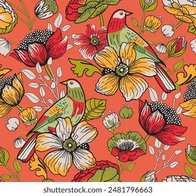 Seamless pattern for textile or wallpaper with flowers, leaves and birds. Full color print.The images are created without the use of any artificial intelligence software at any stage