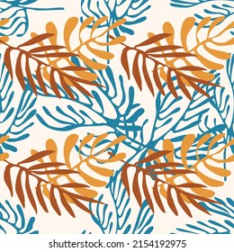 Seamless pattern for textile and wallpapers with naive hand drawn doodle leaves. Matisse style organic elements. Vector illustration