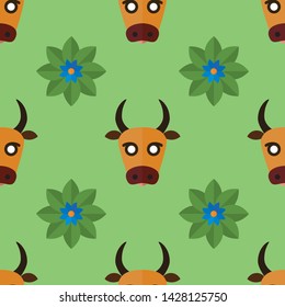 Seamless pattern for textiles with cows and flowers on a light, green background. Vector illustration in flat style.