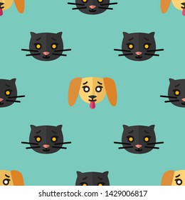 Seamless pattern for textiles with cute black kittens and yellow puppies on a light blue background. Vector illustration in flat style.