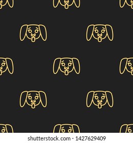 Seamless pattern for textiles with cute puppies on a black background. Vector illustration in line style.