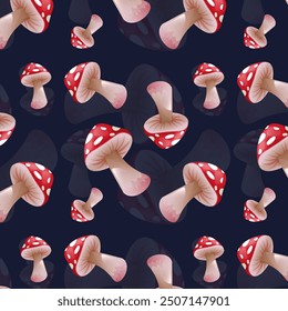 Seamless pattern for textiles, decoration, dyeing and design on a dark background represents a fly agaric.