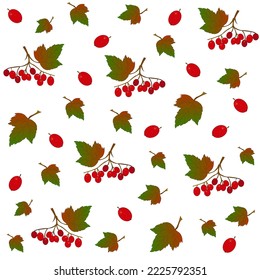 Seamless pattern for textiles and design with brown branches, green leaves and red viburnum berries