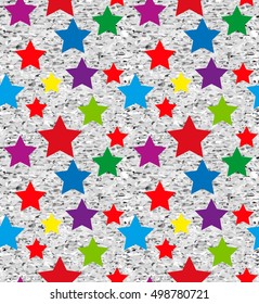 Seamless pattern for textiles, fabrics, wall-coverings. Seamless pattern of stars for fabrics, wallpaper, interior. Multicolor stars on grunge background. Vector bg.