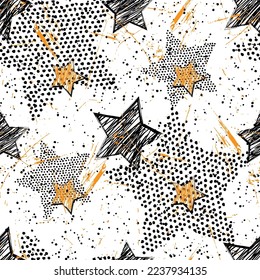 seamless pattern for textiles with grunge stars black and orange