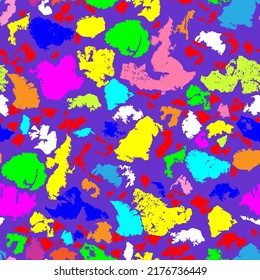 Сolorful seamless pattern for textiles. Multicolored geometric elements on a purple background.