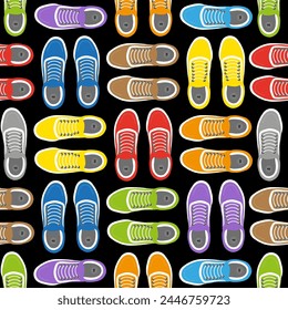 seamless pattern for textiles with multicolored sneakers on a black background