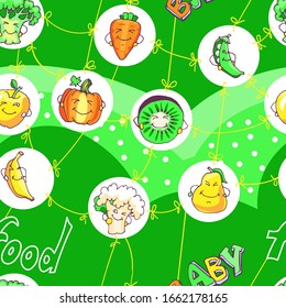 Seamless pattern for textiles or Wallpaper, children's items, on the theme of baby food, showing fruits and vegetables with cute smiles in orange and green colors