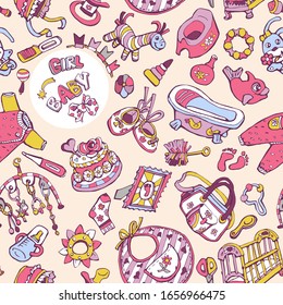 Seamless pattern for textiles or Wallpaper, in pink, for girls, baby items.