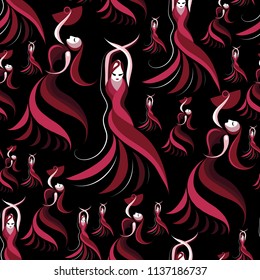 Seamless pattern (texture) with abstract decorative dancers. Suitable for design: fabric, cloth, wallpaper, wrapping, packaging. Vector illustration.