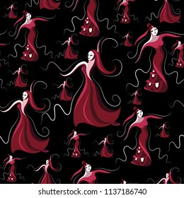 Seamless pattern (texture) with abstract decorative dancers. Suitable for design: fabric, cloth, wallpaper, wrapping, packaging. Vector illustration.