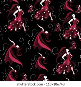 Seamless pattern (texture) with abstract decorative dancers. Suitable for design: fabric, cloth, wallpaper, wrapping, packaging. Vector illustration.