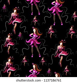 Seamless pattern (texture) with abstract decorative dancers. Suitable for design: fabric, cloth, wallpaper, wrapping, packaging. Vector illustration.