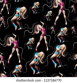 Seamless pattern (texture) with abstract decorative dancers. Suitable for design: fabric, cloth, wallpaper, wrapping, packaging. Vector illustration.