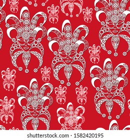 Seamless pattern (texture) with abstract decorative mask (symbol of the carnival in Venice). Suitable for design: fabric, cloth, wallpaper, wrapping, packaging. Vector illustration.