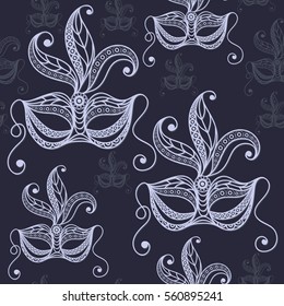 Seamless pattern (texture) with abstract decorative mask (symbol of the carnival in Venice). Suitable for design: fabric, cloth, wallpaper, wrapping, packaging. Vector illustration.