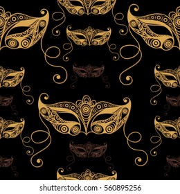 Seamless pattern (texture) with abstract decorative mask (symbol of the carnival in Venice). Suitable for design: fabric, cloth, wallpaper, wrapping, packaging. Vector illustration.