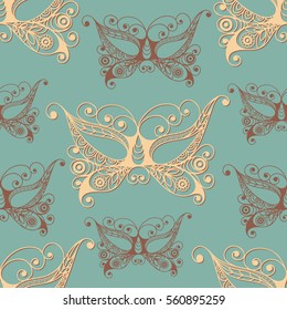 Seamless pattern (texture) with abstract decorative mask (symbol of the carnival in Venice). Suitable for design: fabric, cloth, wallpaper, wrapping, packaging. Vector illustration.