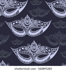 Seamless pattern (texture) with abstract decorative mask (symbol of the carnival in Venice). Suitable for design: fabric, cloth, wallpaper, wrapping, packaging. Vector illustration.