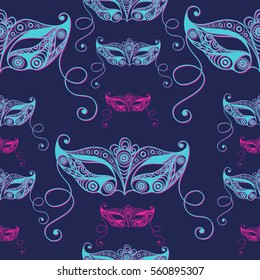 Seamless pattern (texture) with abstract decorative mask (symbol of the carnival in Venice). Suitable for design: fabric, cloth, wallpaper, wrapping, packaging. Vector illustration.